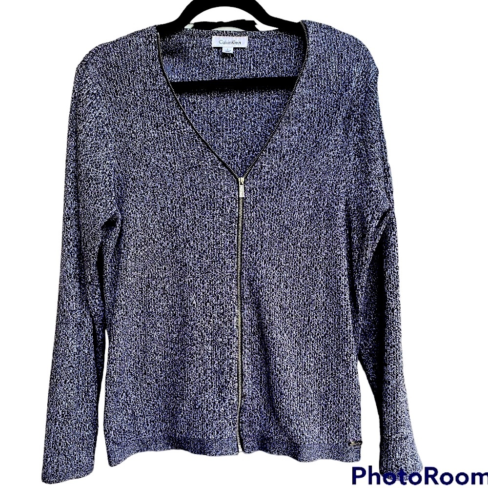 Calvin Klein Charcoal Gray Zip Front V Neck Lightweight Sweater Size Large